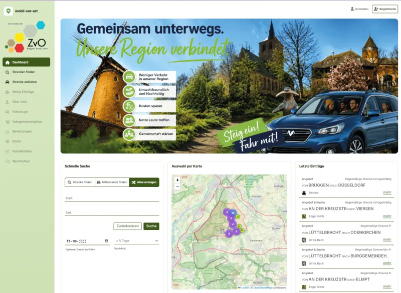 creenshot der Startseite Mitfahrportals „mobil-vor-Ort“